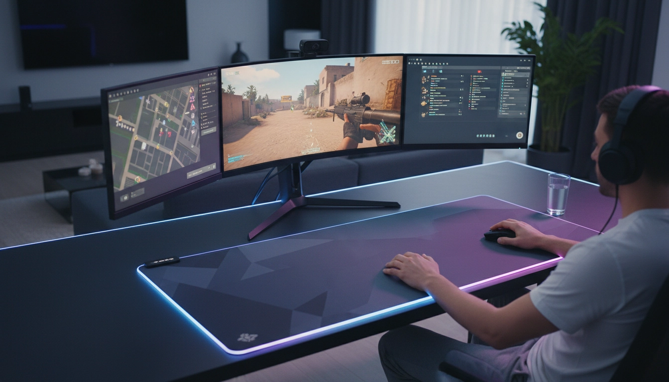 Joueur professionnel utilisant un grand tapis de souris hybride pour un confort optimal en longue session gaming
