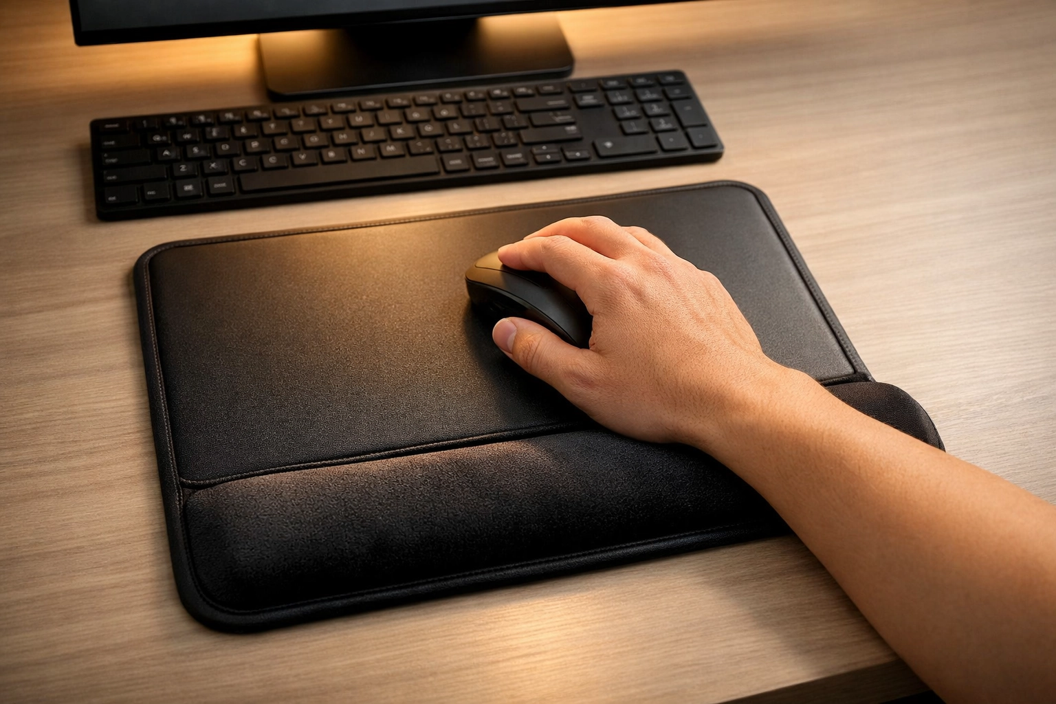Tapis de souris hybride confort poignet longues sessions avec repose-poignet intégré dans un environnement de travail