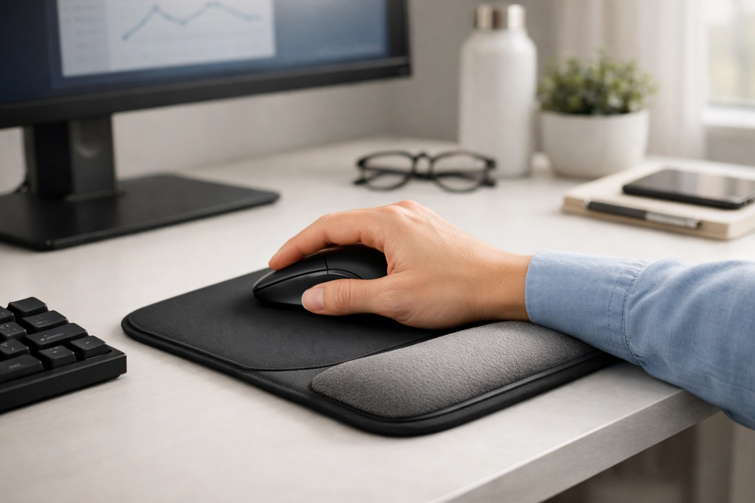 Tapis de souris hybride avec repose-poignet ergonomique pour le confort du poignet lors des longues sessions de travail