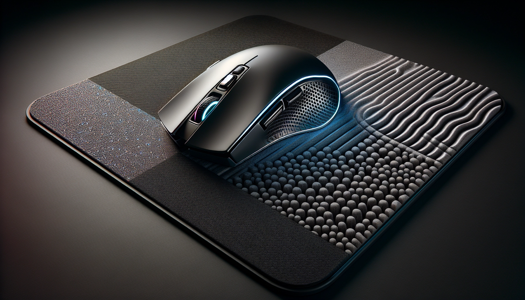Vue détaillée d'un tapis souris hybride précision tracking gaming avec zones lisses et texturées