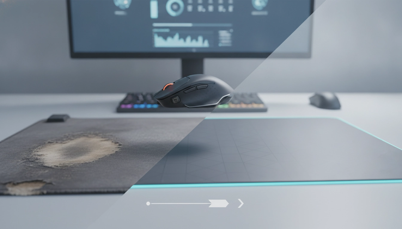 Un joueur professionnel utilisant un tapis souris hybride résistance à l'usure longévité sur un bureau organisé.