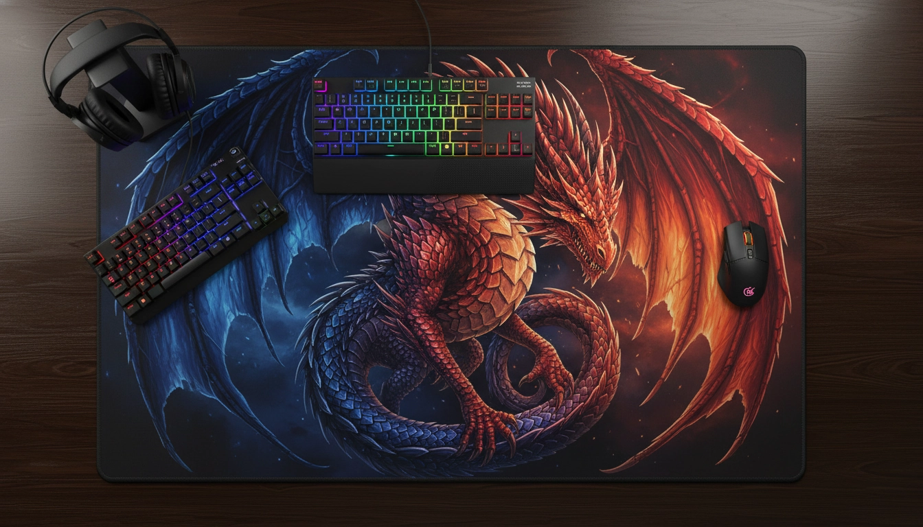 Tapis de souris imprimé personnalisé grand format avec dragon fantasy sur bureau gaming RGB