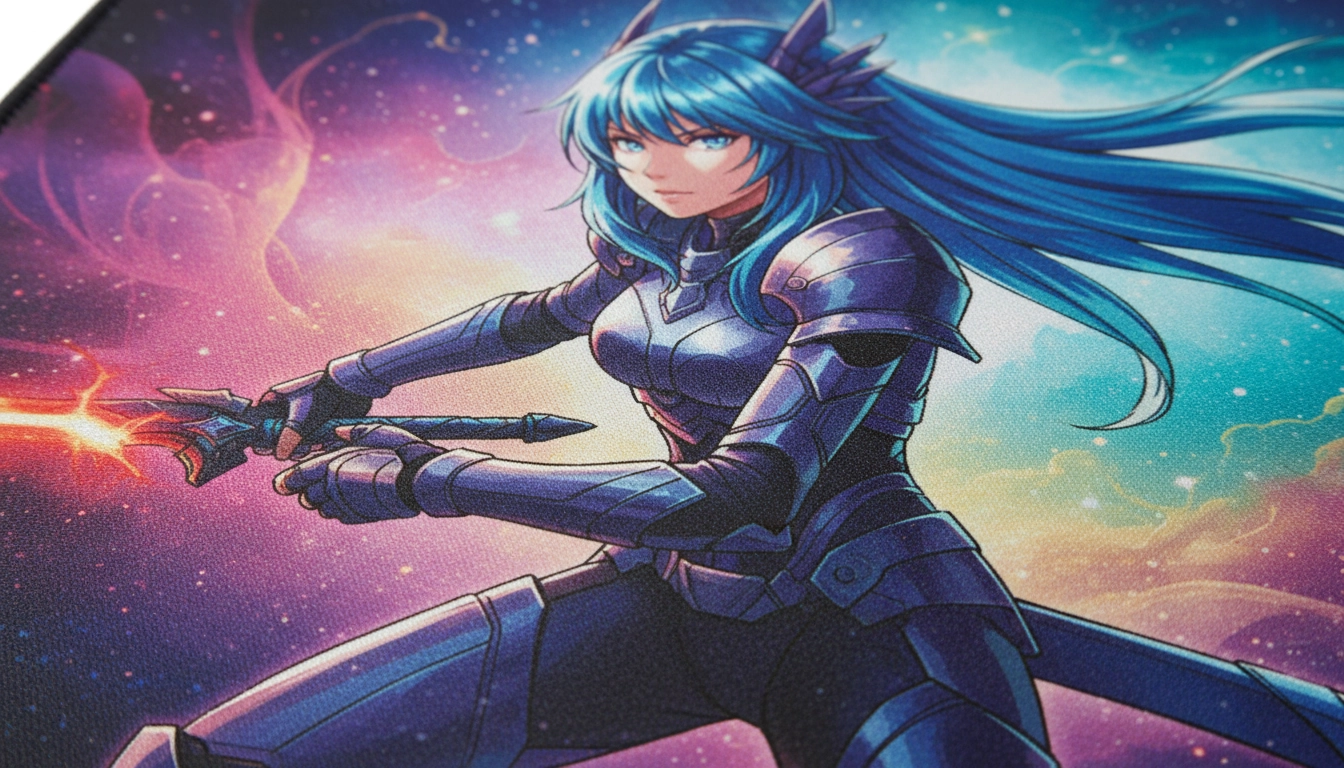 Gros plan sur la surface d'un tapis de souris imprimé personnalisé en tissu avec impression sublimation anime