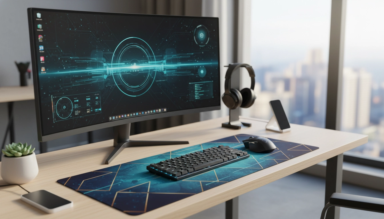 Tapis de souris imprimé personnalisé avec design gaming coloré posé sur un bureau de setup RGB