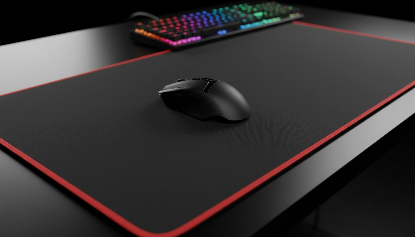 Tapis souris jeux FPS en tissu haute densité avec bords surpiqués sur un bureau gaming