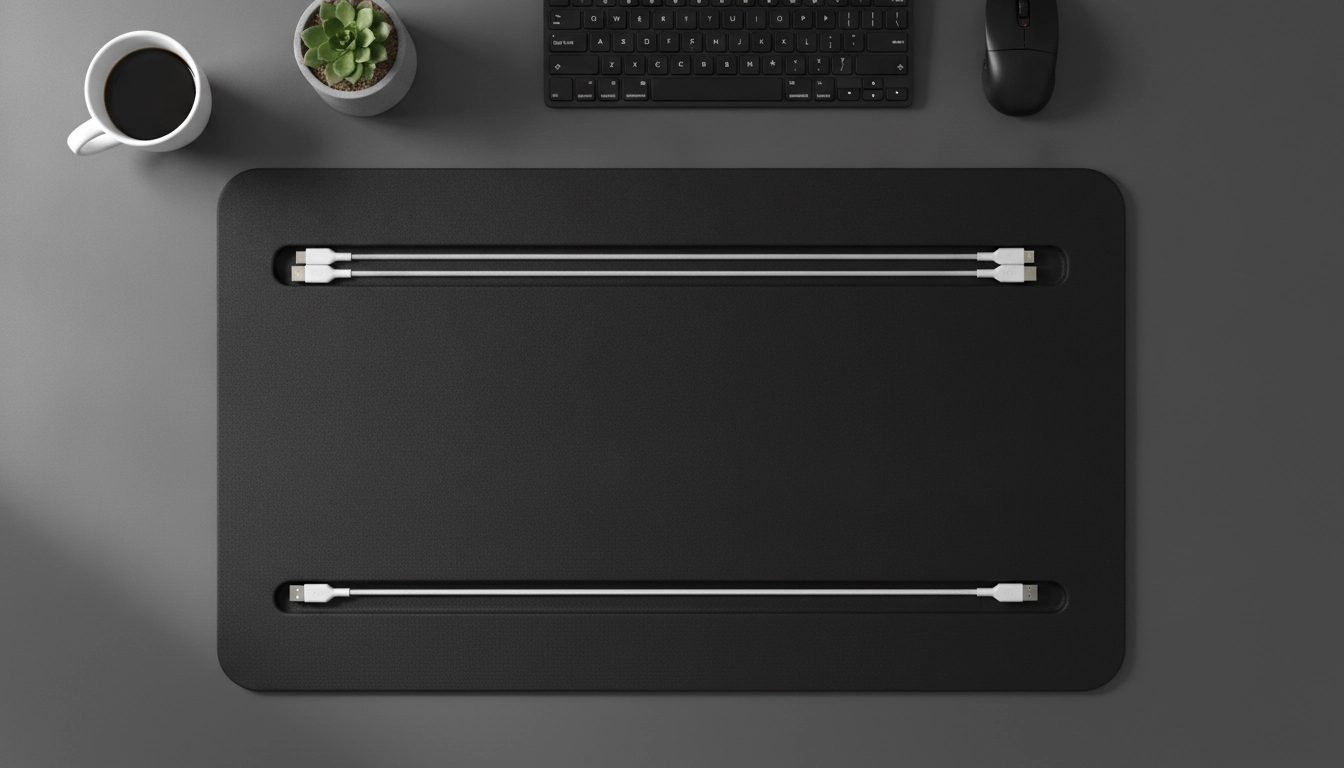 Vue de dessus d'un tapis de souris avec passage de câble intégré setup minimaliste en noir sur bureau épuré