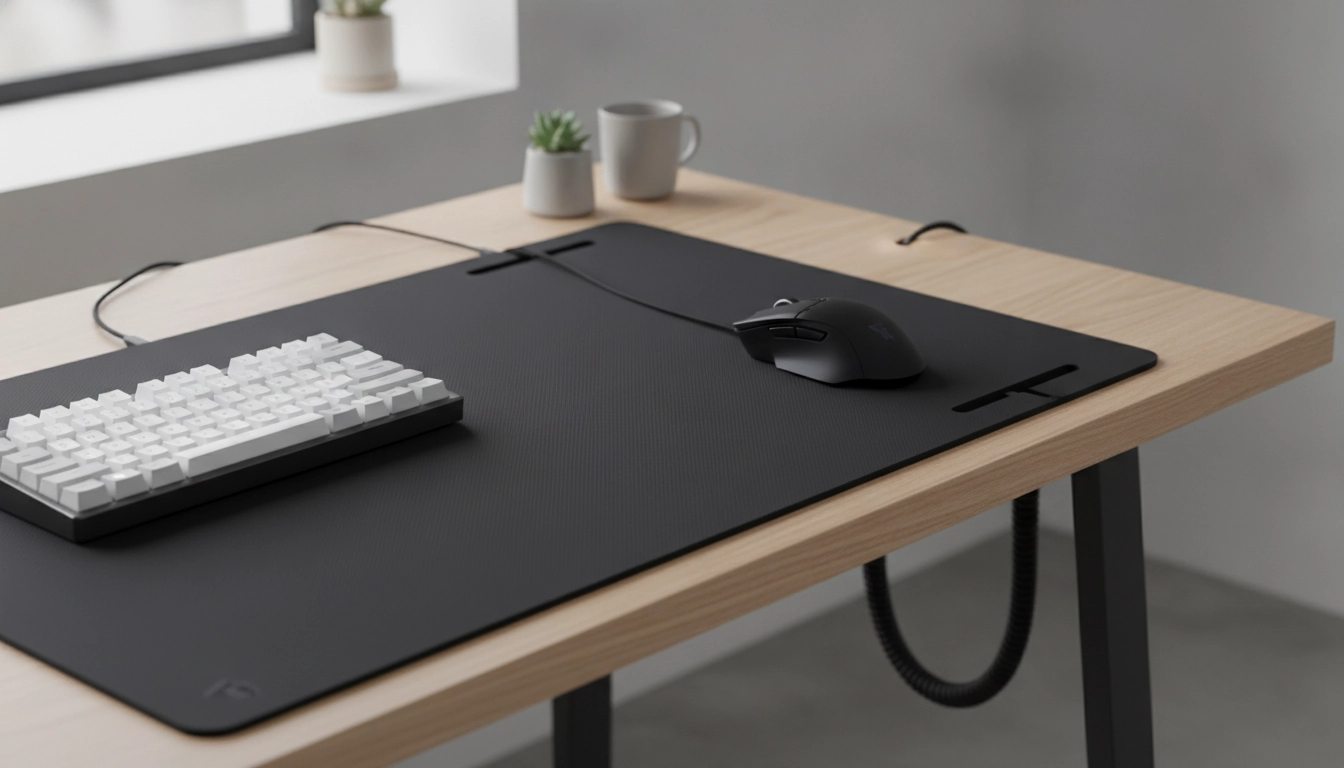 Tapis de souris avec passage de câble intégré dans un setup minimaliste avec clavier et souris organisés