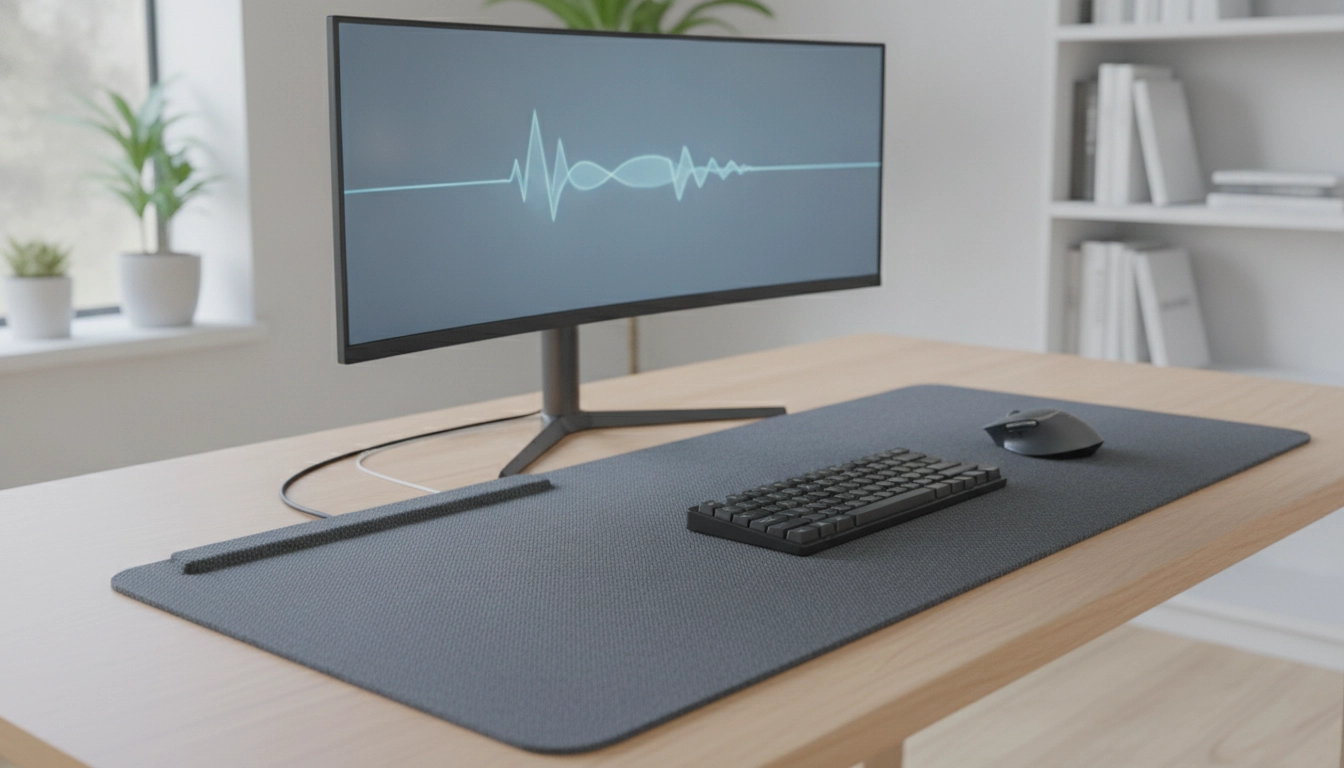 Tapis de souris avec passage de câble intégré sur un bureau minimaliste noir et blanc avec câbles parfaitement organisés