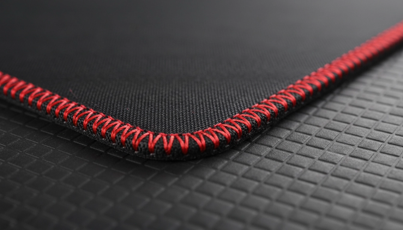 Gros plan sur les bords cousus d'un grand tapis de souris pour clavier avec couture rouge et base en caoutchouc