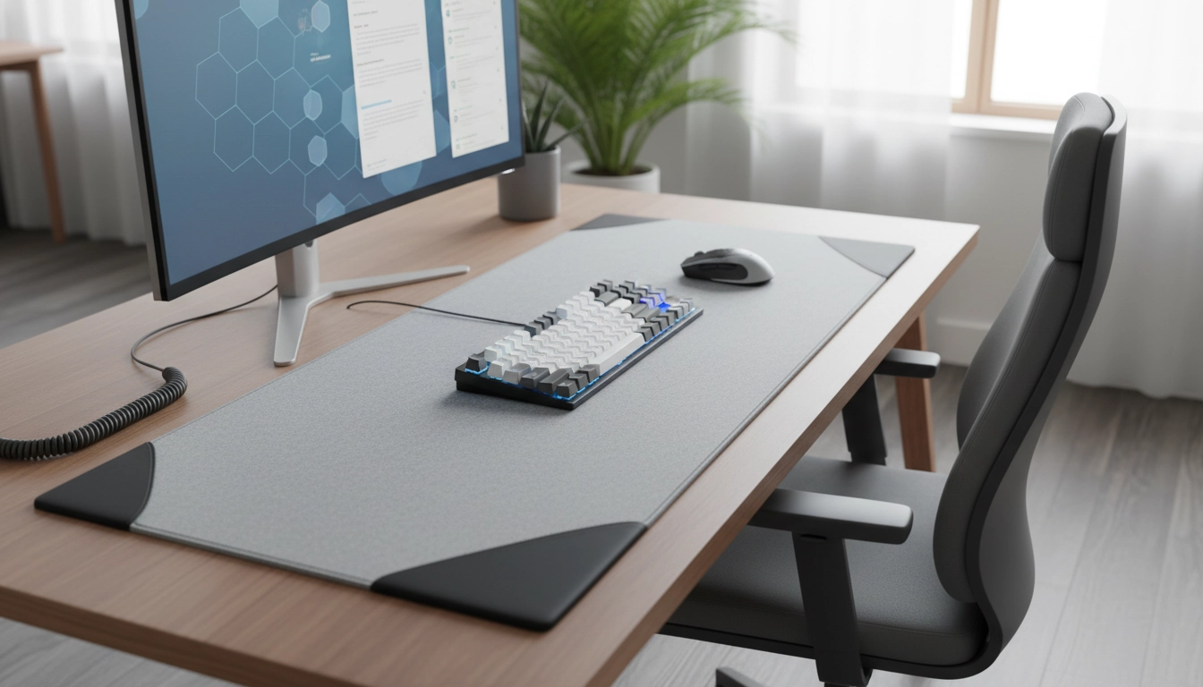 Grand tapis souris pour clavier posé sur un bureau gaming avec clavier mécanique et souris gaming