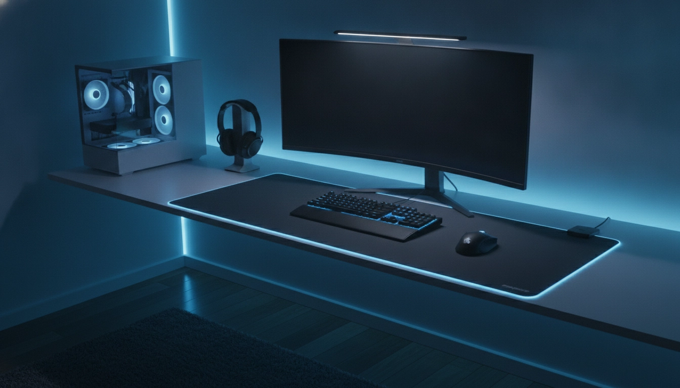Exemple parfait pour associer tapis de souris RGB avec éclairage bureau dans un setup moderne.