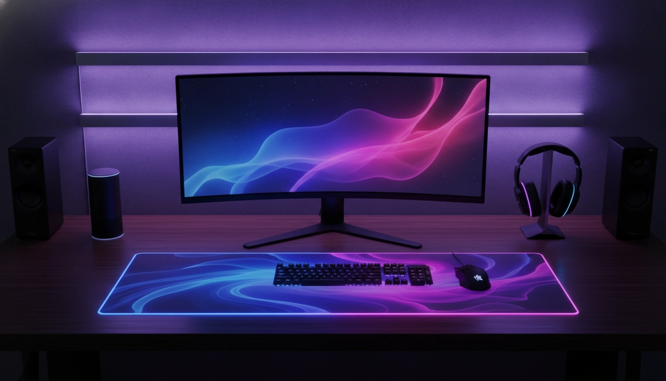 Un bureau gamer propre avec un tapis de souris RGB synchronisé avec des bandes LED murales.