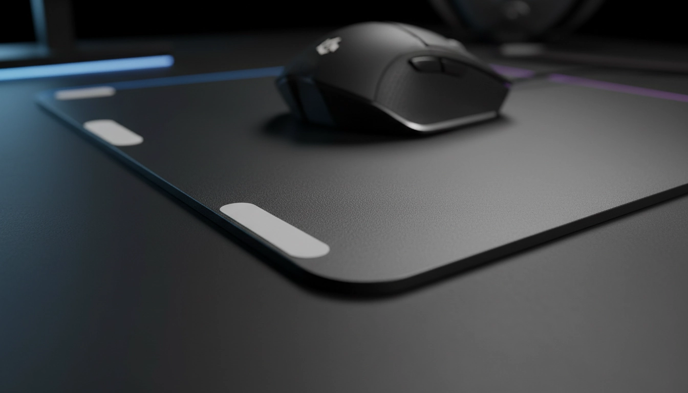 Tapis souris rigide contrôle optimal avec souris gaming posée sur surface en aluminium anodisé