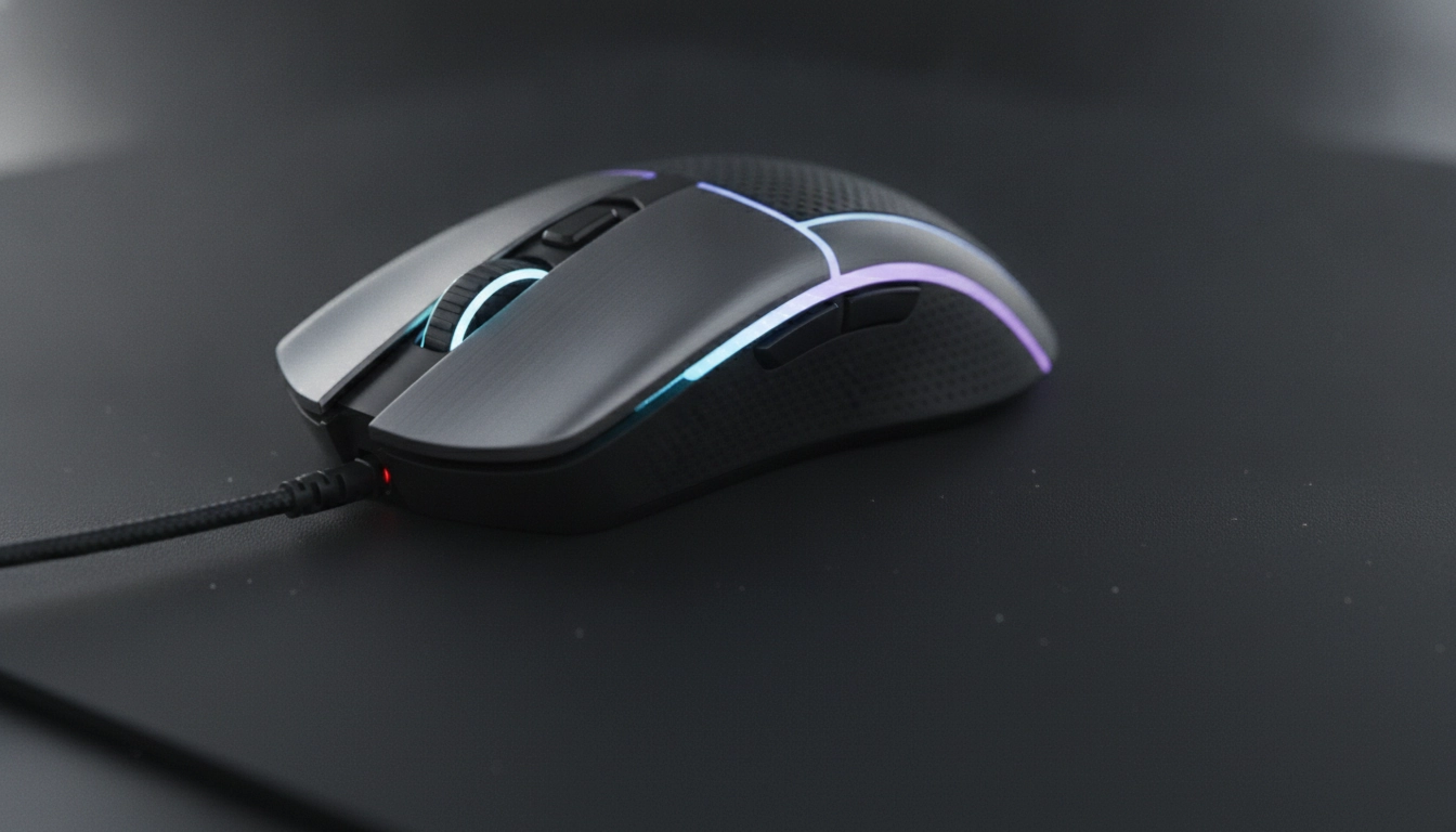 Gros plan sur une souris de gaming effectuant un mouvement précis sur un tapis rigide