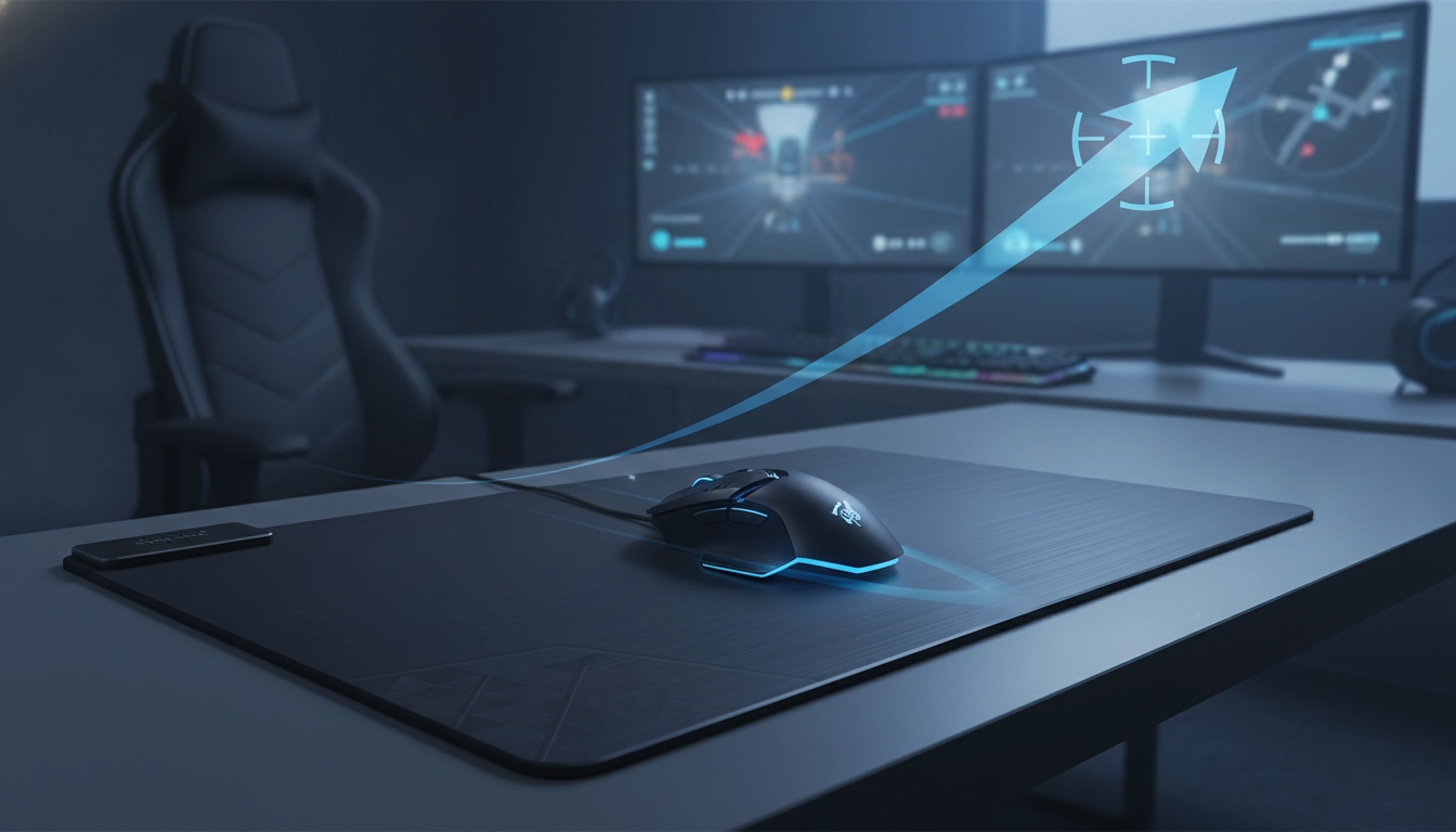Un tapis souris rigide contrôle précision visée fps sur un bureau de gaming professionnel.