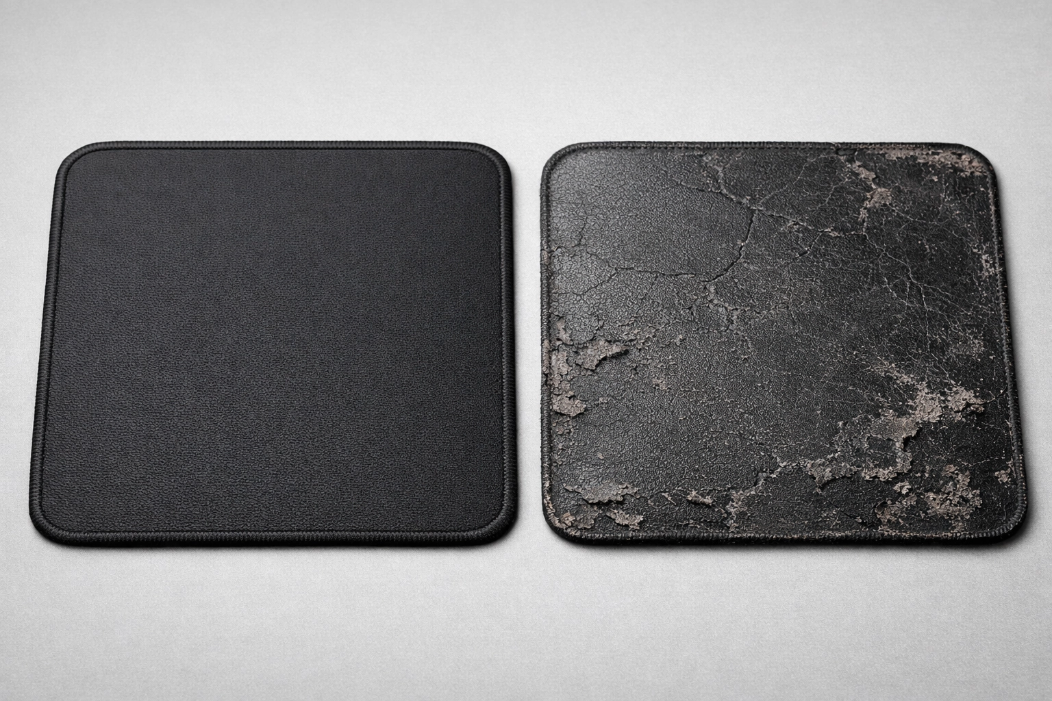 Comparaison entre un tapis de souris tissu vs caoutchouc illustrant la durabilité supérieure du tissu après une utilisation intensive