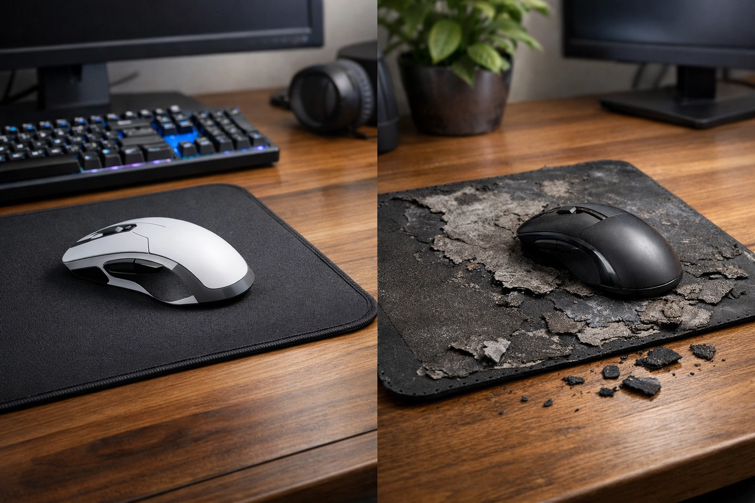 Comparaison visuelle d'un tapis de souris tissu vs caoutchouc montrant la durabilité et la résistance à l'usure
