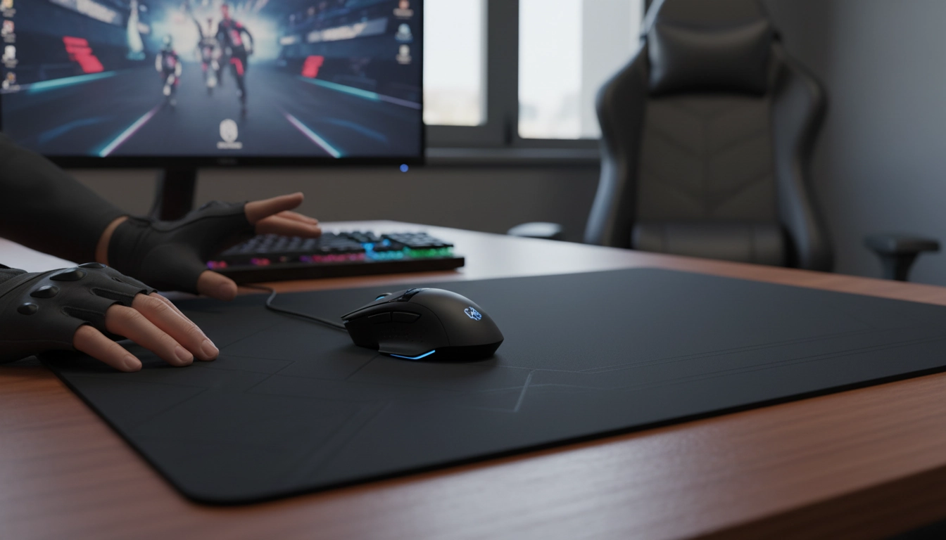 Tapis souris tissu vitesse grand format sur un bureau gaming avec souris et clavier