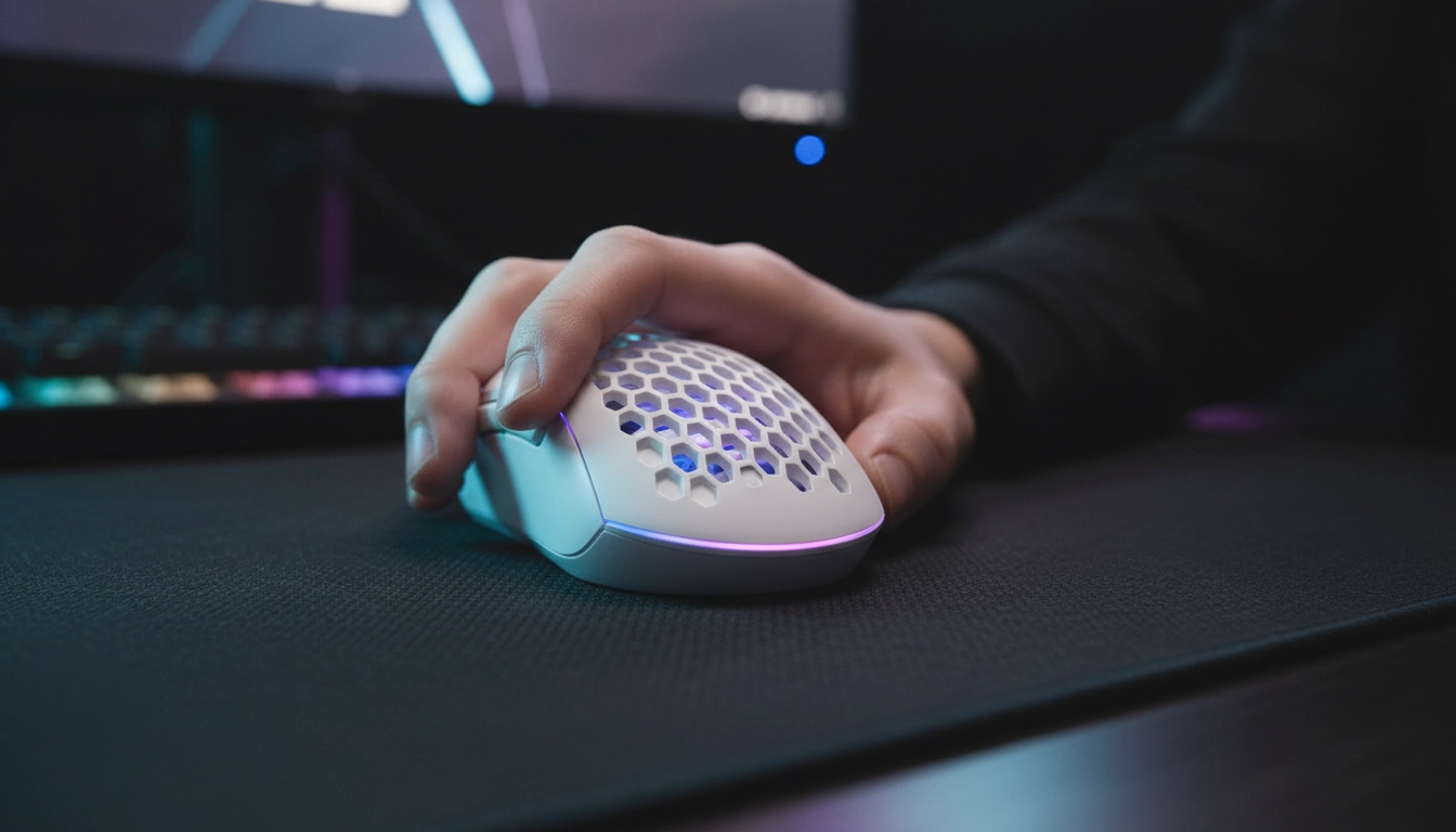 Détail macro du capteur et des patins glissant sur un tapis souris tissu vitesse FPS réactivité absolue