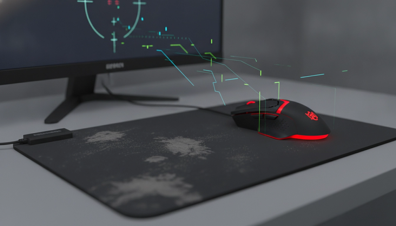 Un tapis de souris gamer usé montrant des zones de friction inégales expliquant pourquoi un tapis de souris usé réduit la précision en jeu