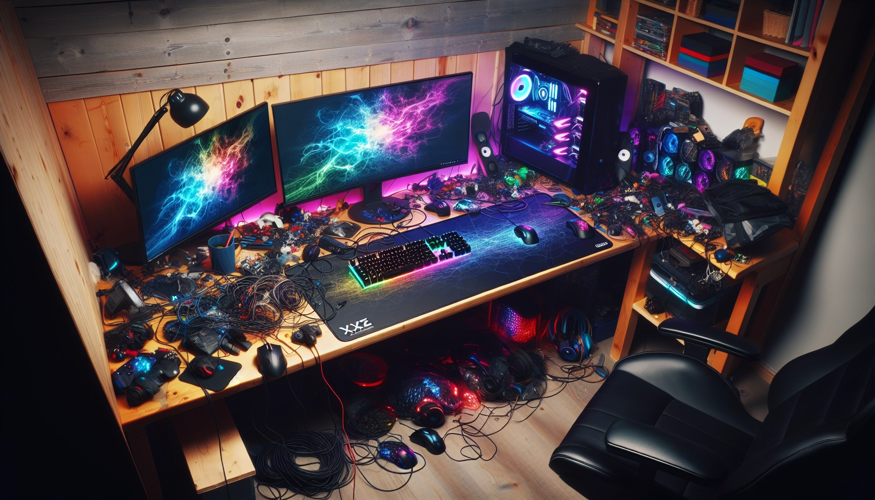 Tapis de souris XXL encombre trop le bureau dans un setup gaming désorganisé avec trop d'accessoires