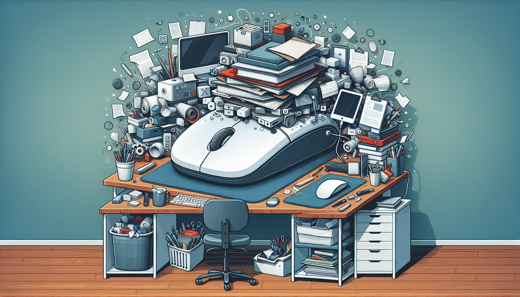 Bureau gaming avec tapis de souris XXL encombre trop le bureau, montrant un setup désorganisé et des solutions d'optimisation d'espace