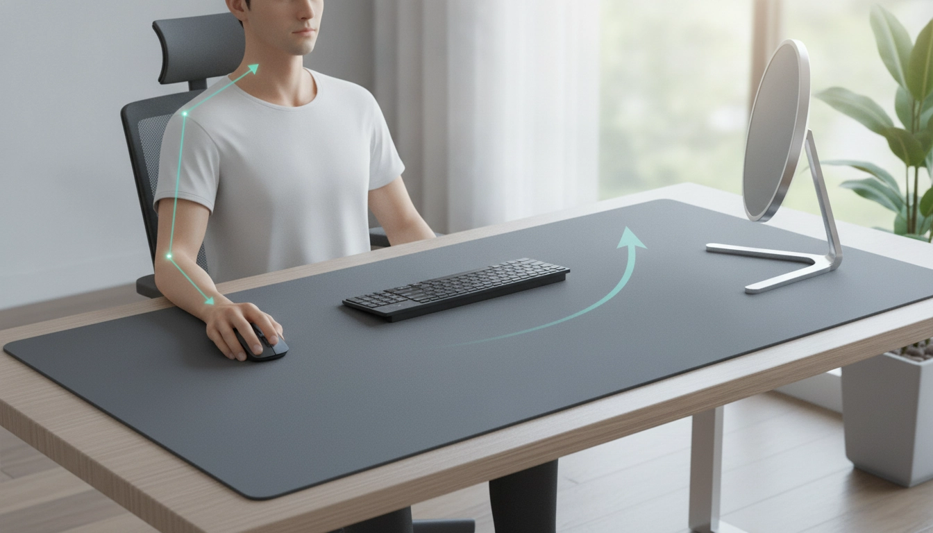 Un bureau moderne avec un grand tapis de souris xxl améliore la posture au bureau pour un confort optimal.