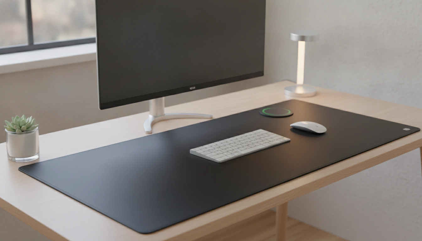 Un tapis de souris xxl protéger bureau des rayures installé sur un bureau en bois