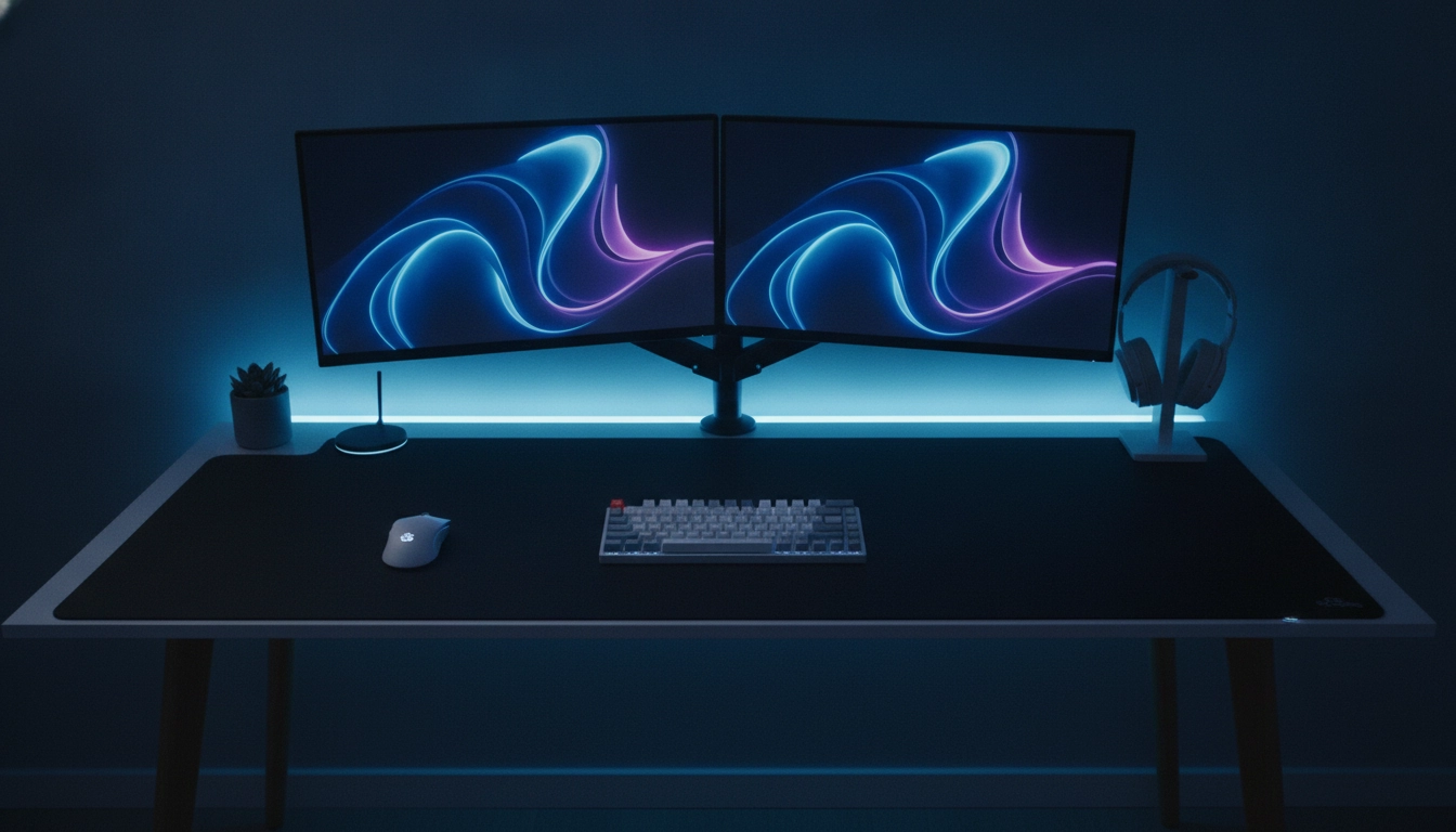 Exemple de tapis de souris XXL thème setup gaming cohérent avec éclairage néon.