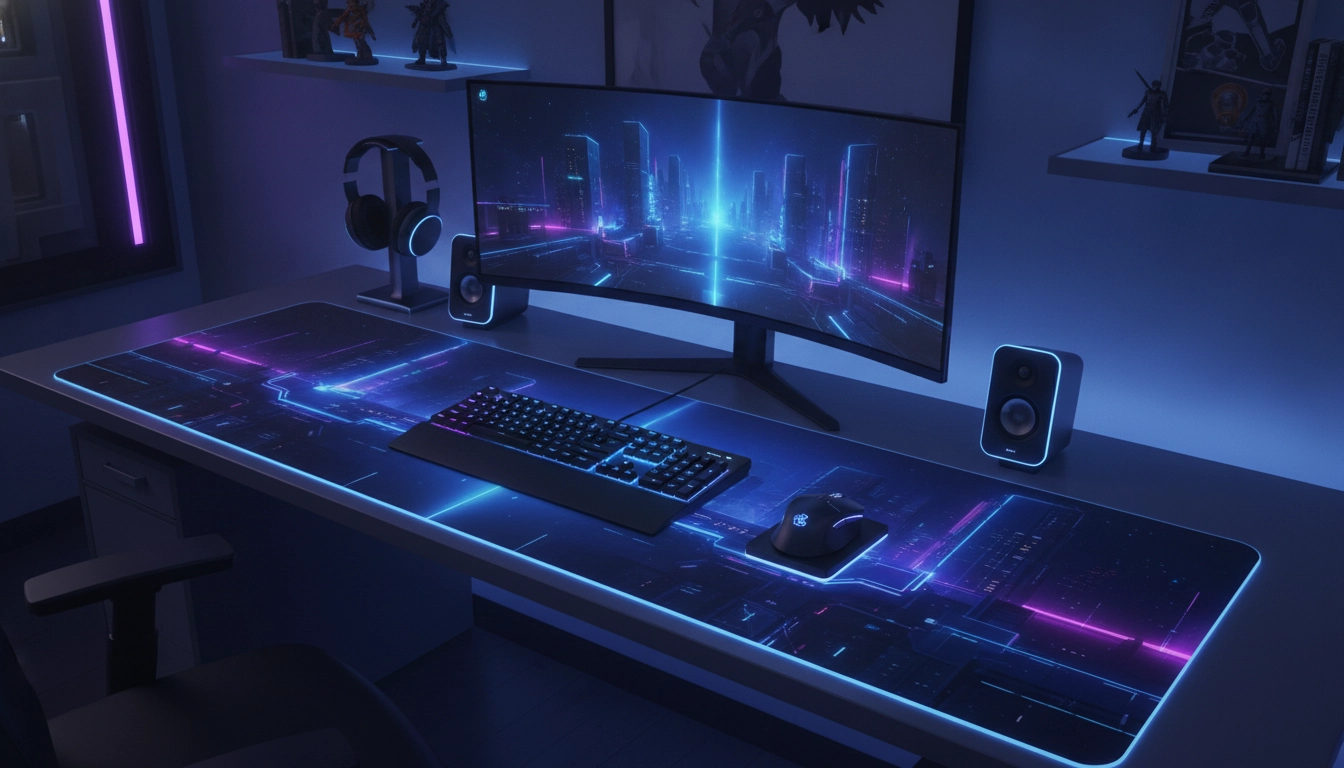 Un bureau de gaming avec un tapis de souris XXL thème setup gaming cohérent et des périphériques assortis.