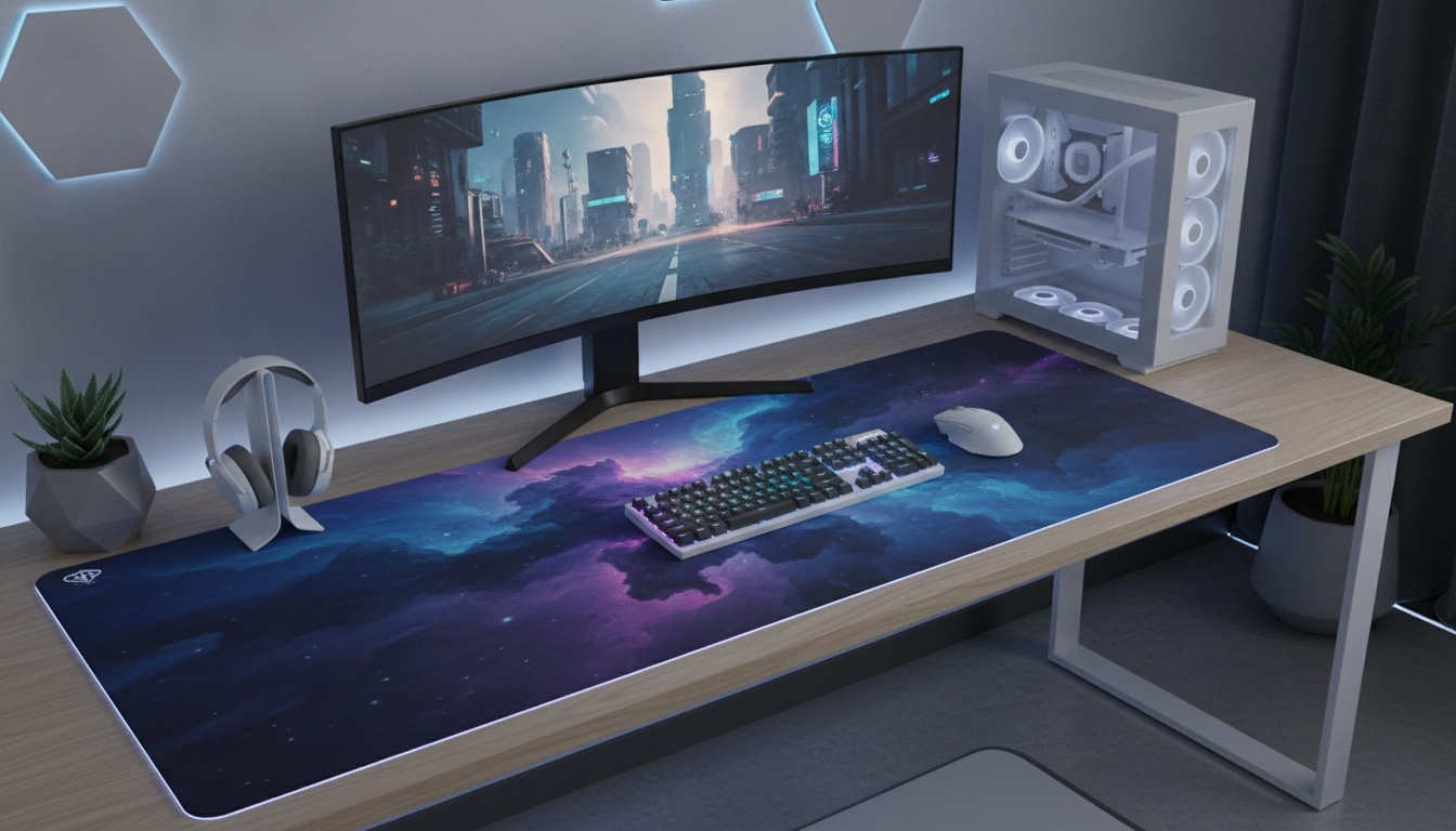 Un bureau de gamer épuré mettant en valeur un tapis souris XXL pour unifier esthétique setup gaming parfait.