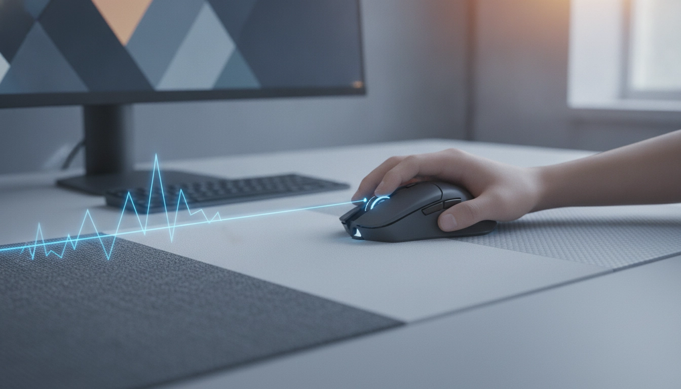 Gros plan sur un capteur de souris gaming sur un tapis texturé pour montrer comment texture tapis souris influence précision curseur