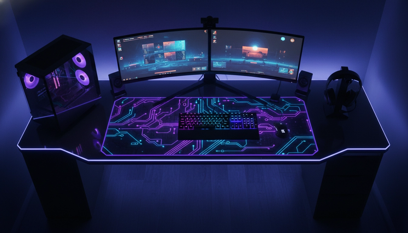 Thèmes setup gaming tapis cyberpunk XXL avec éclairage RGB violet et cyan assorti