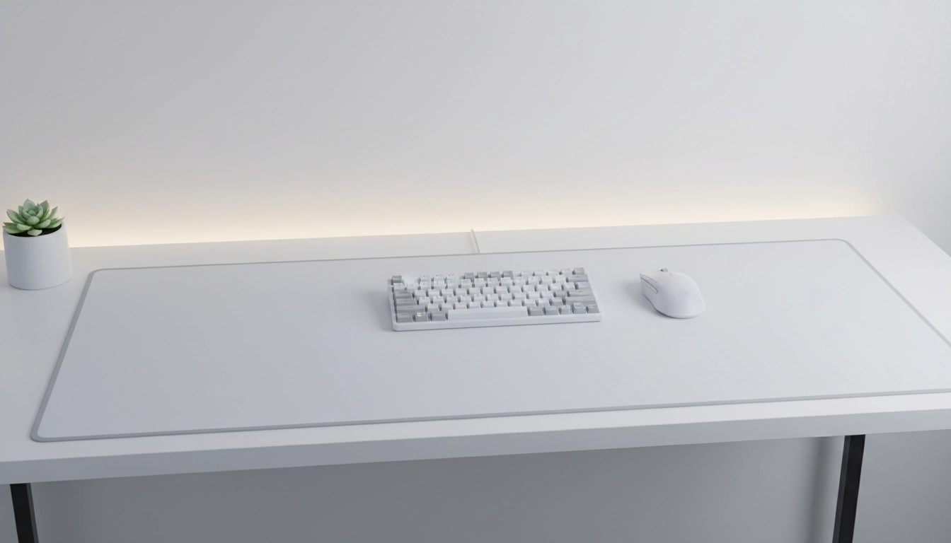 Setup gaming minimaliste blanc avec tapis de souris DeskPad gris clair et clavier assorti