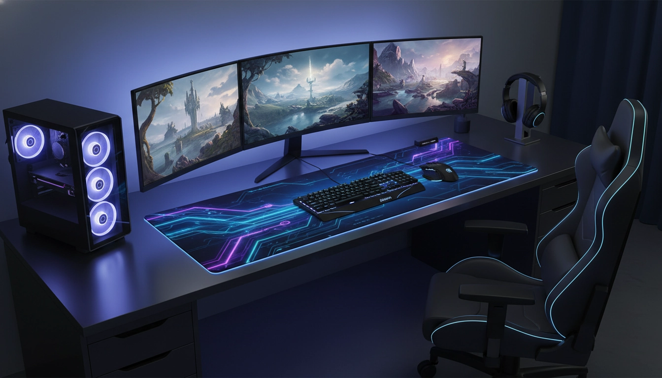 Thèmes setup gaming tapis de souris XXL avec éclairage RGB et périphériques assortis