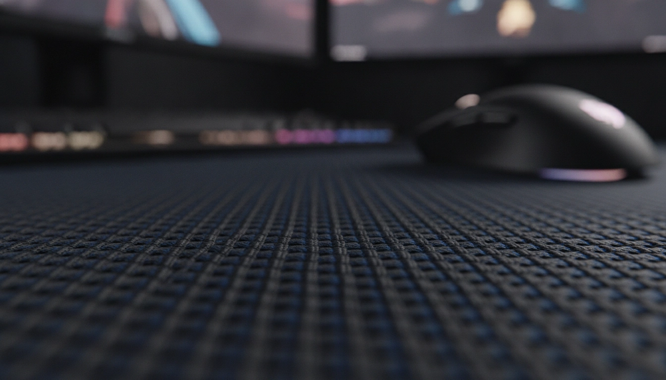 Détail technique montrant comment fonctionne le tissu vitesse sur un tapis de souris pour une glisse optimale.
