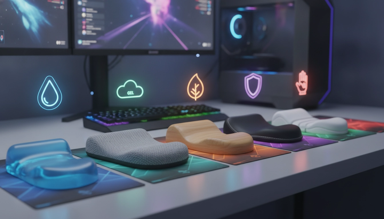 Une comparaison visuelle des types supports poignet tapis souris gaming sur un bureau ergonomique.